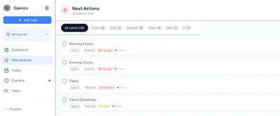 Openza Tasks application screenshot showing the main task view